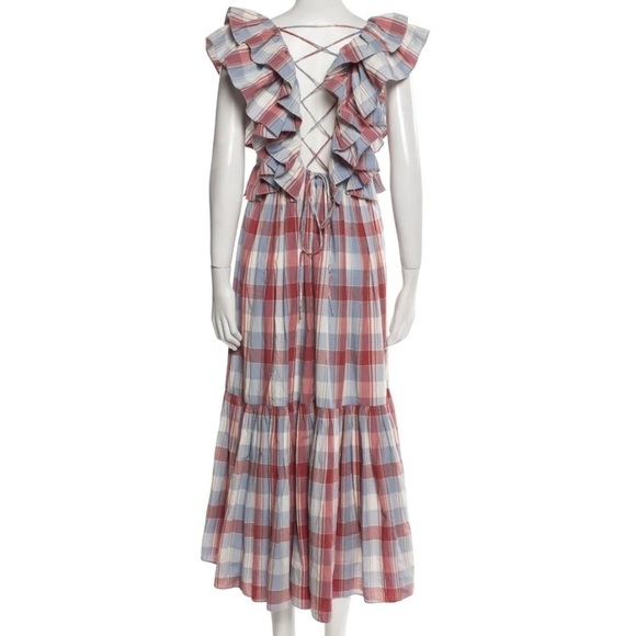 Ulla Johnson Frieda Check Gingham Red Blue White Sleeveless Ruffle Midi Dress XS - Picture 5 of 5
